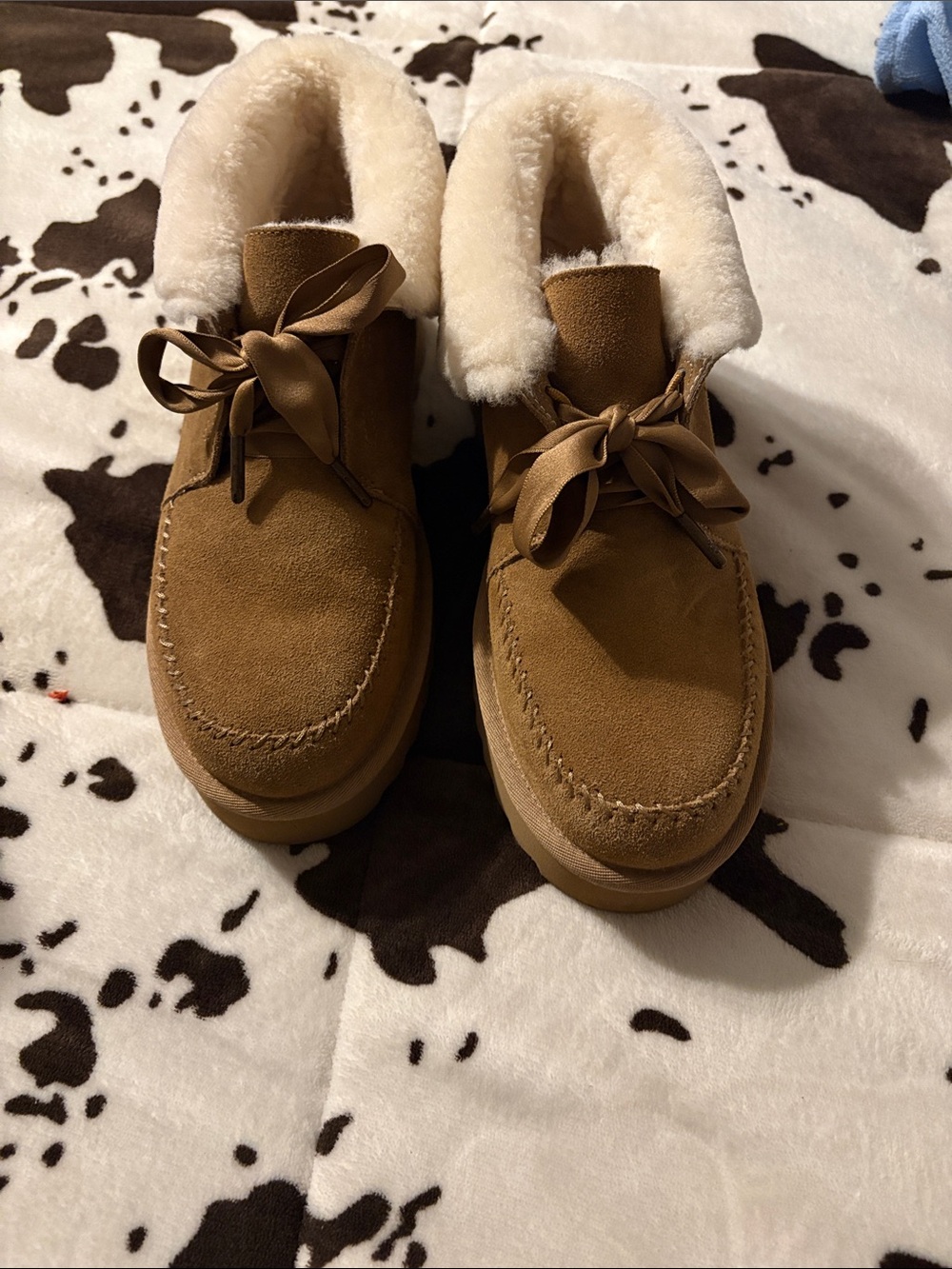 UGG Chestnut Suede Ankle Booties with Cream Shearling Cuff